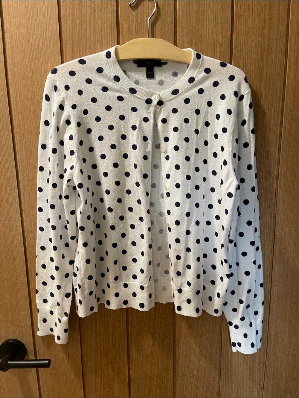 J. Crew White Cardigan with Navy Polka Dots
